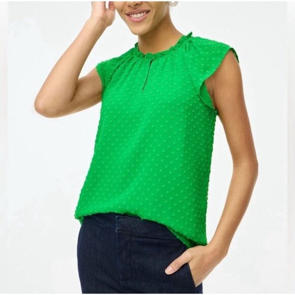 J.Crew Women's Ruffle Neck Top in Clip Dot With Flutter Sleeve Green Size 2X - Picture 1 of 8